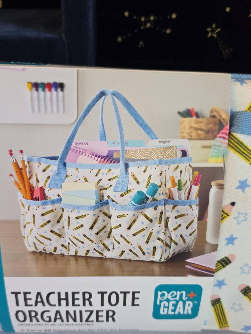 Teacher Tote Organizer in Light Blue Pencil Print